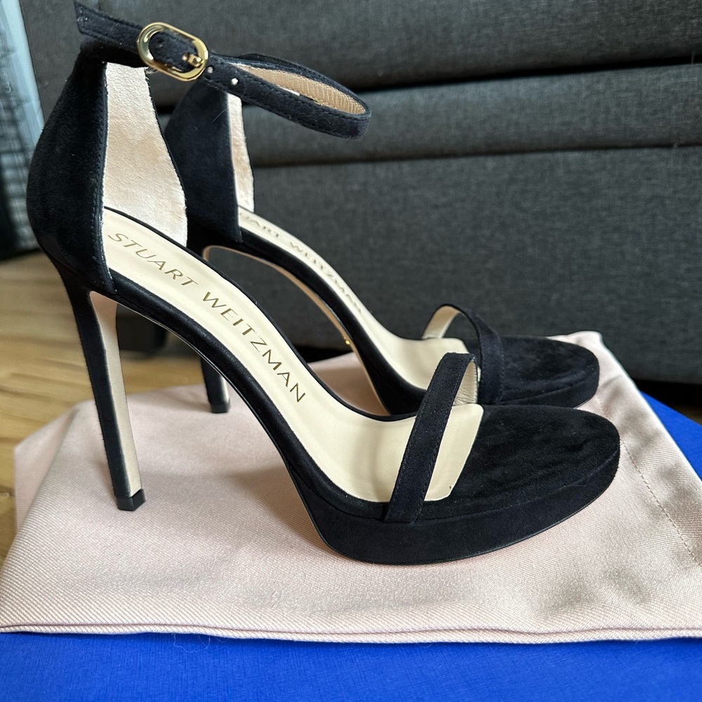 Black suede disco stiletto heel sandals from Stuart Weitzman